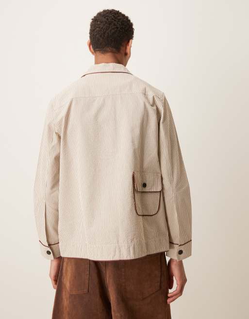 Pompeii striped structured button up chore jacket in cream , 3 of 5