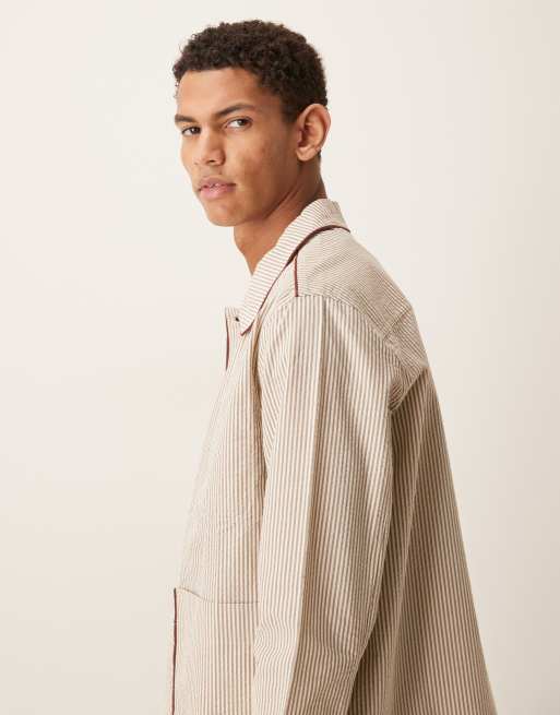 Pompeii striped structured button up chore jacket in cream , 4 of 5