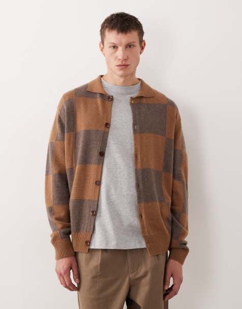 Pompeii wool blend knit cardigan with collar and button front in brown and grey check
