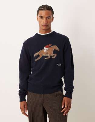 Pompeii UK Pompeii wool blend knit jumper with equestrian graphic in navy