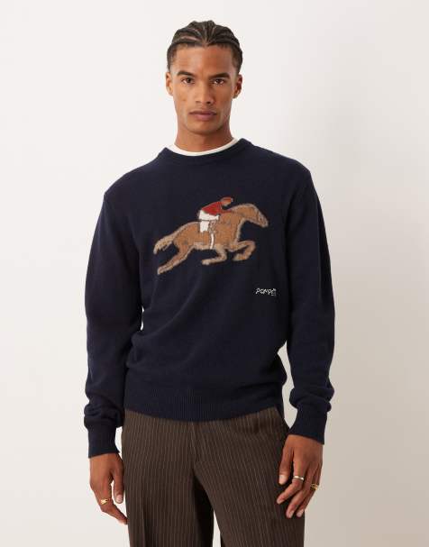 Pompeii wool blend knit jumper with equestrian graphic in navy - view 1