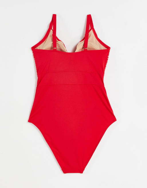 Pour Moi Coppe Grandi - Costume da bagno modellante a pieghe rosso con ruches, 2 di 4