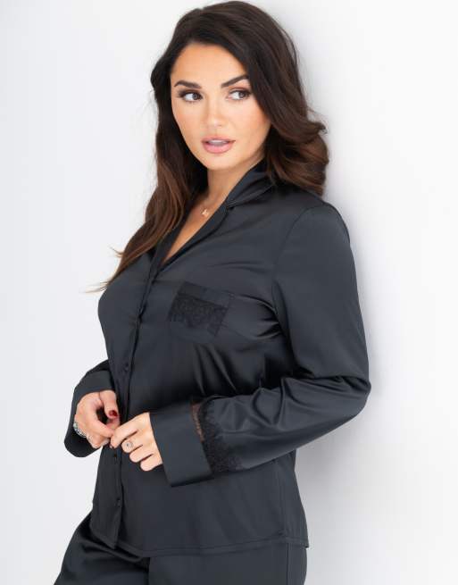 Pour Moi Dusk Satin And Lace Revere Collar Pyjama Set in Black, 2 of 5