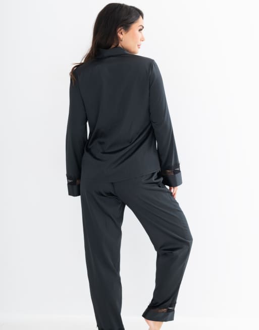 Pour Moi Dusk Satin And Lace Revere Collar Pyjama Set in Black, 3 of 5