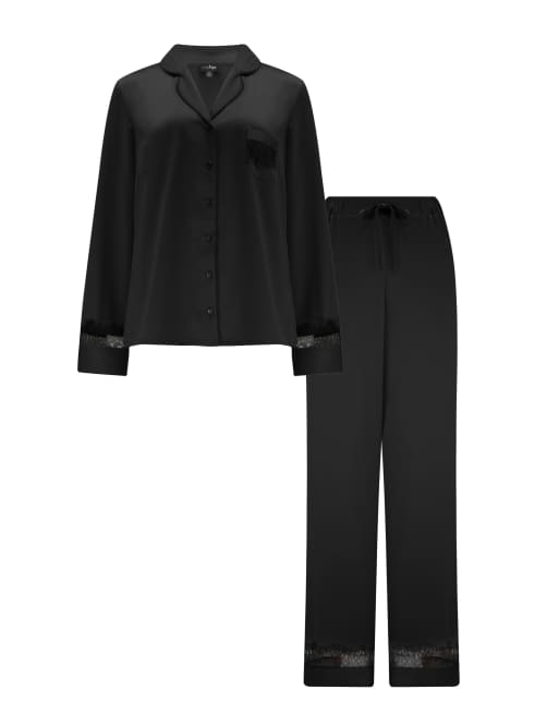 Pour Moi Dusk Satin And Lace Revere Collar Pyjama Set in Black, 5 of 5