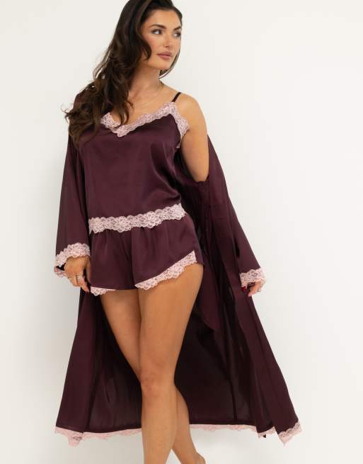 Pour Moi Dusk satin lace trim cami and short in wine, 2 of 5