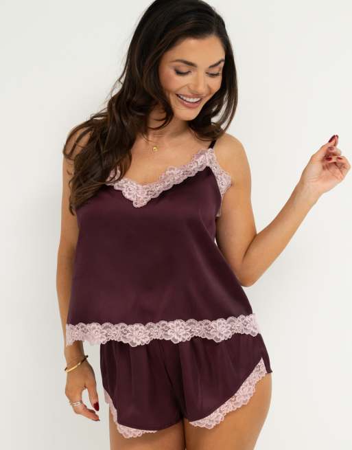 Pour Moi Dusk satin lace trim cami and short in wine, 3 of 5