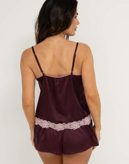 Pour Moi Dusk satin lace trim cami and short in wine, 4 of 5