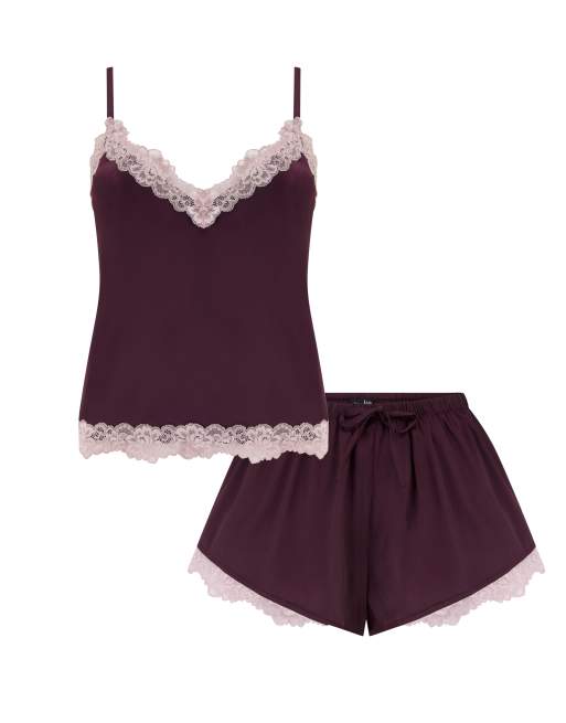 Pour Moi Dusk satin lace trim cami and short in wine, 5 of 5