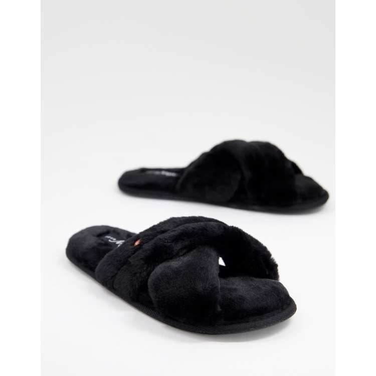 Pour Moi faux fur crossover slider slipper in black ASOS