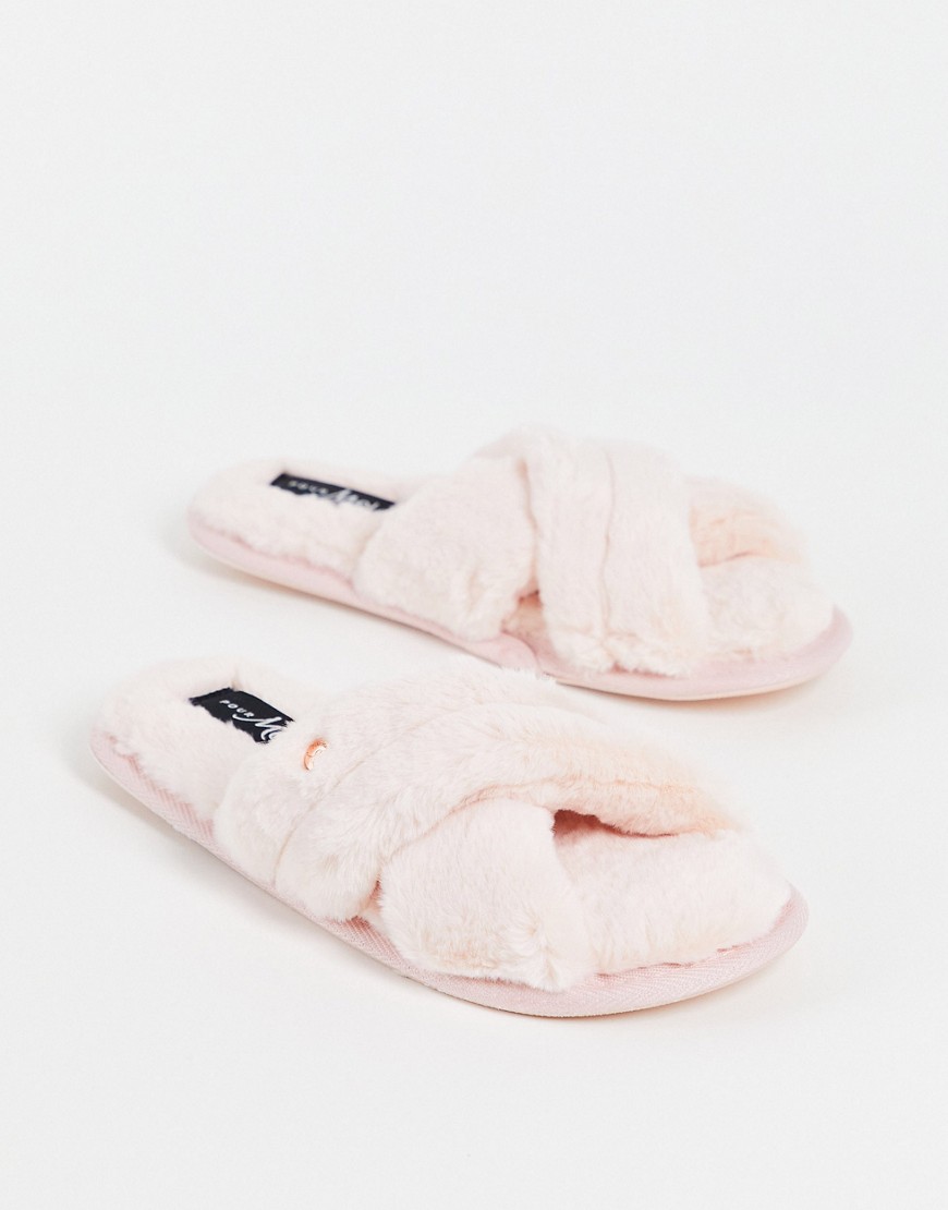 Pour Moi faux fur crossover slider slipper in pink