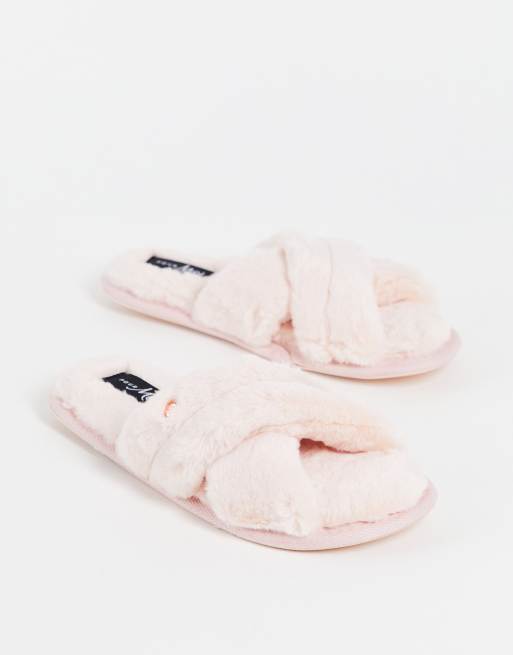 Pour Moi faux fur crossover slider slipper in pink | ASOS