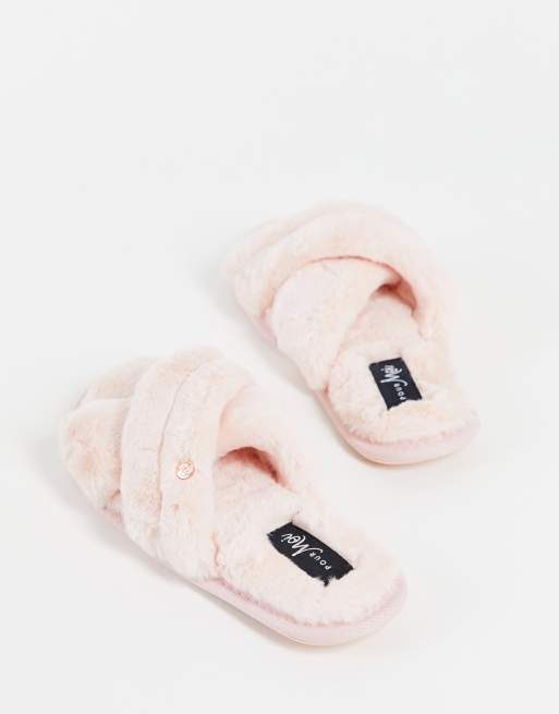 Pink fluffy crossover cheap slippers