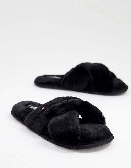 Pour Moi faux fur crossover slider slippers in black