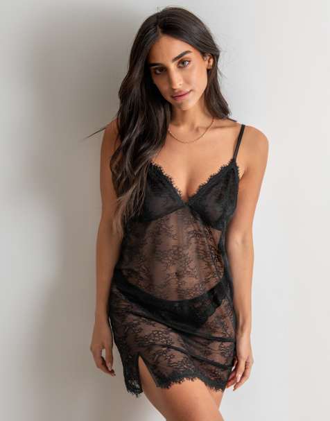Pour Moi For Your Eyes Only Lace Split Hem Chemise in Black - view 1
