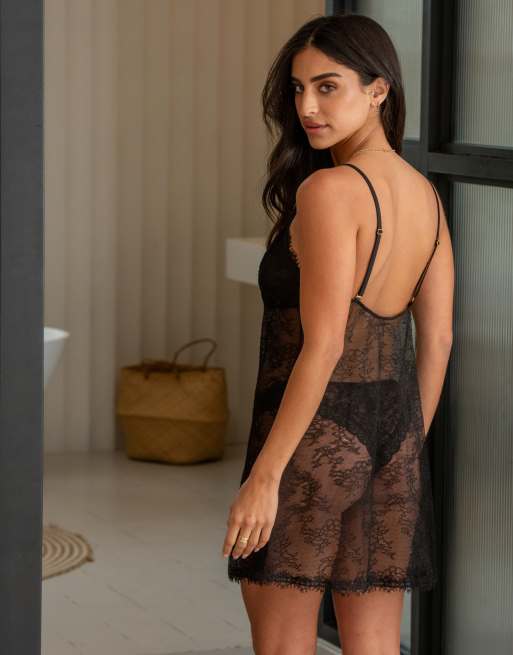 Pour Moi For Your Eyes Only Lace Split Hem Chemise in Black, 4 of 6
