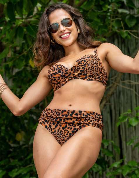 Pour Moi Free Spirit Printed Roll Top Bikini Bottoms in Leopard in Bronze - view 1