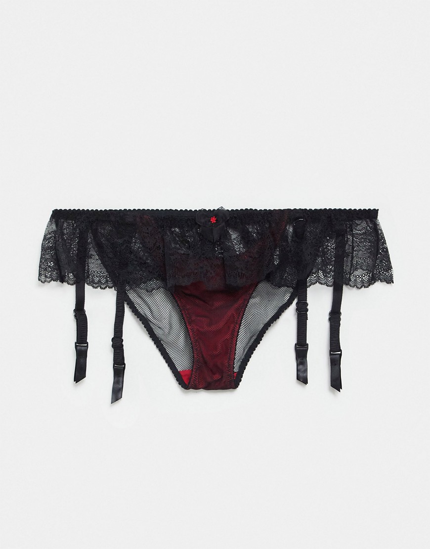 Pour Moi frill me skirted suspender brief in black and red-Multi
