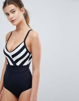 POUR MOI FULLER BUST CONTROL SWIMSUIT IN BLACK AND WHITE STRIPE,23006