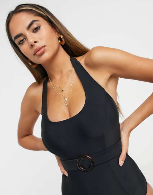 Pour Moi Fuller Bust — Czarny kostium kąpielowy z paskiem i dekoltem typu halter