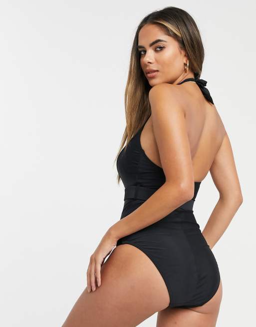 Pour Moi Fuller Bust — Czarny kostium kąpielowy z paskiem i dekoltem typu halter, 2 z 4
