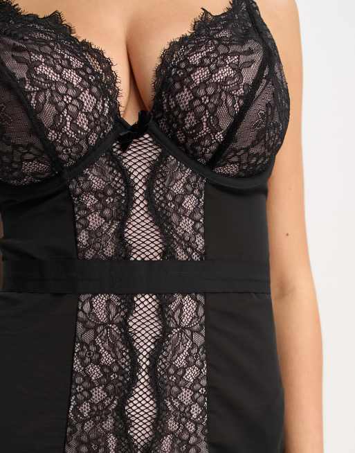 Pour Moi Fuller Bust Dark Romance underwired cami suspender dress in black and pink, 3 of 4