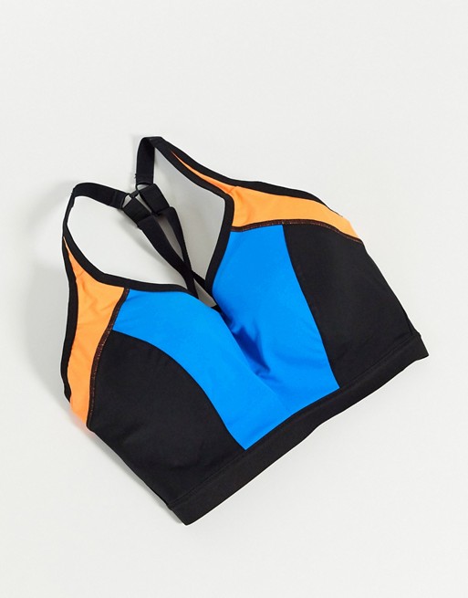 Pour Moi Fuller Bust Energy lightly padded colour block underwire sports bra in blue/orange