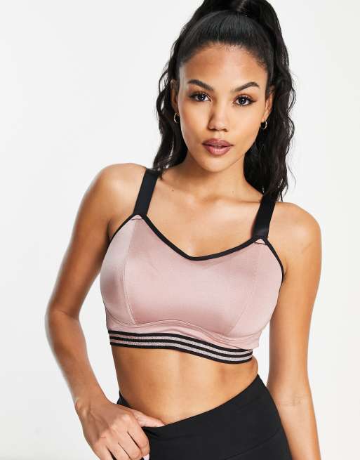 Shock Absorber Ultimate run sports bra in pink with yellow detail