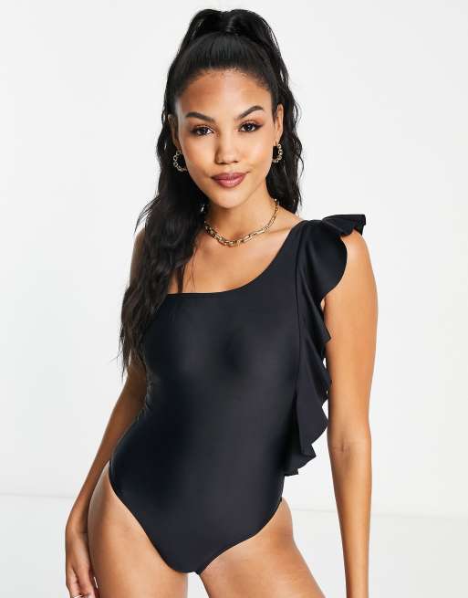 Pour Moi Black Sicily Lightly Padded Underwired Frill Swimsuit