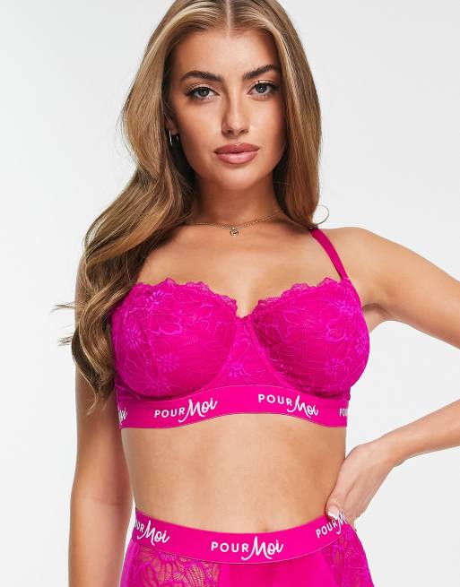 Pour Moi Fuller Bust – Koronkowy niewyściełany biustonosz w kolorze jaskrawego różu z taśmą z logo
