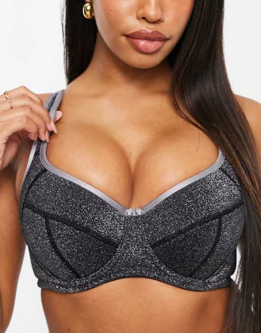 Pour Moi Fuller Bust – Reach – Czarno-srebrny lekko wyściełany biustonosz sportowy z fiszbinami