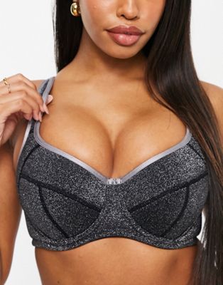 Pour Moi Fuller Bust Reach underwired lightly padded sports bra in black and silver