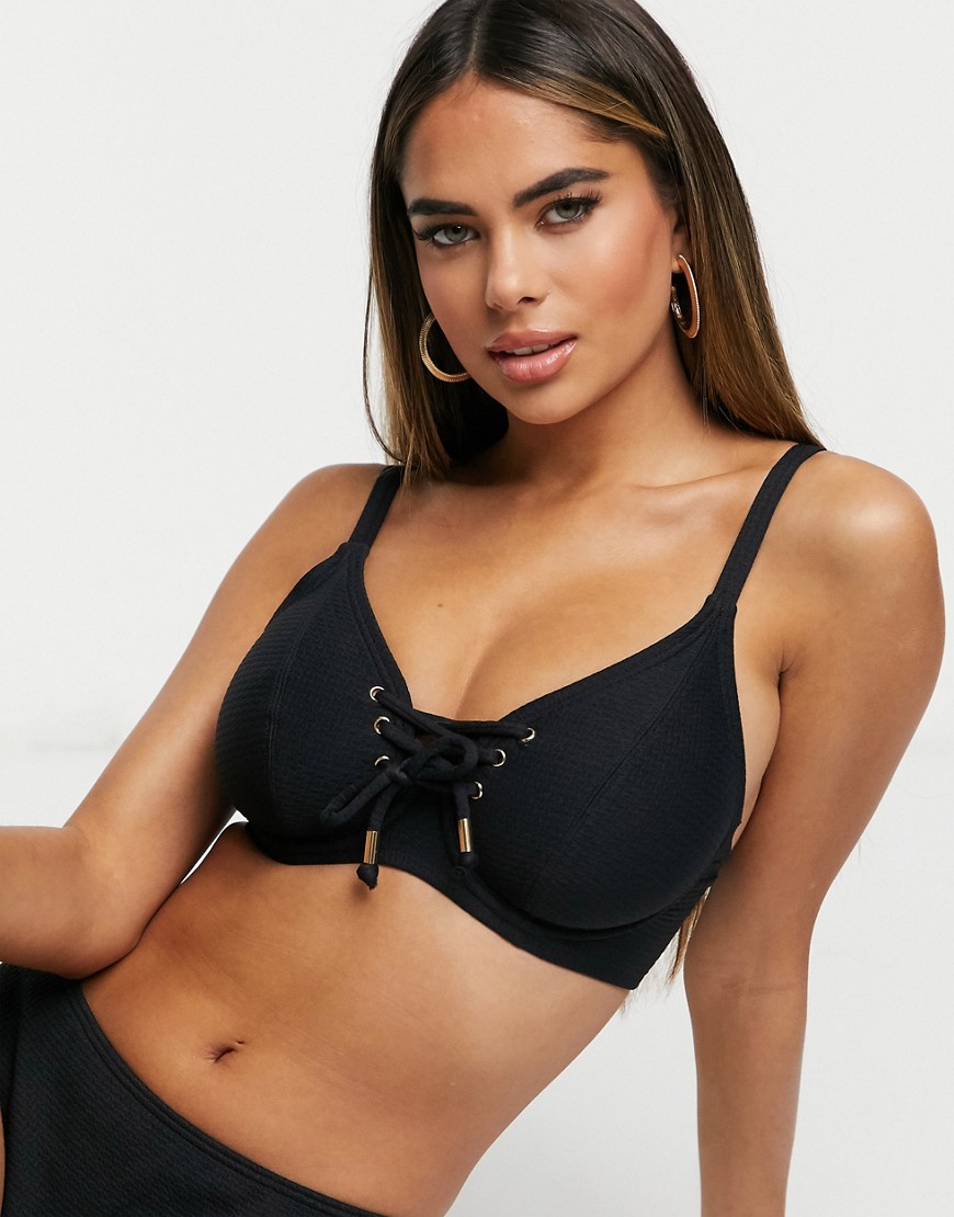 Pour Moi Fuller Bust Sol Beach underwire lace up bikini top in black rib