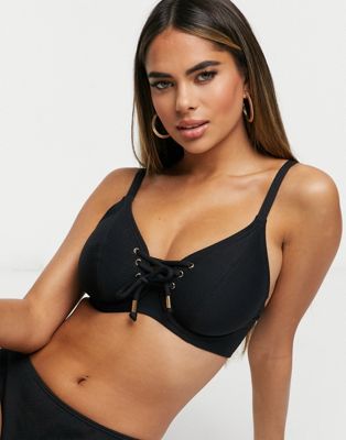 Pour Moi Fuller Bust Sol Beach underwired rope bikini top in black rib - ASOS Price Checker