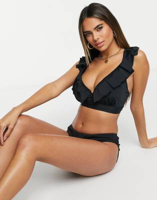 Shop Pour Moi Fuller Bust Space Frill Bikini Top In Black