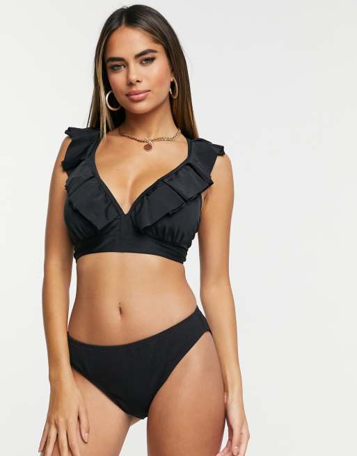 Pour Moi Fuller Bust Space frill bikini top in black