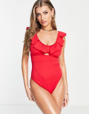 Pour Moi Fuller Bust Space frill swimsuit in red  - ASOS Price Checker