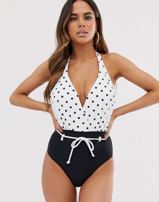 Pour Moi Fuller Bust Spot halter plunge swimsuit In black and white