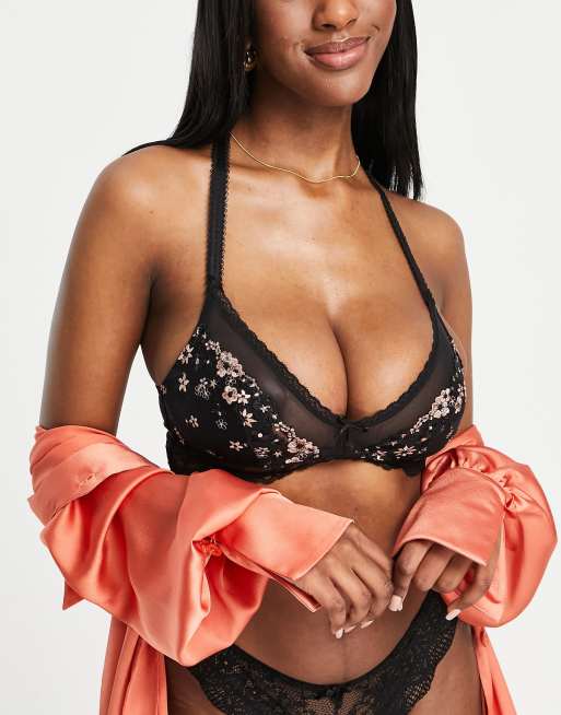 Pour Moi – Größere Brust – Gigi – Bügelloses Bustier in Schwarz mit Blumenspitze