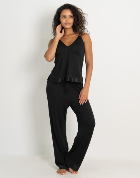 Pour Moi Jersey and satin moulded cup cami trouser pyjama set in black - view 1