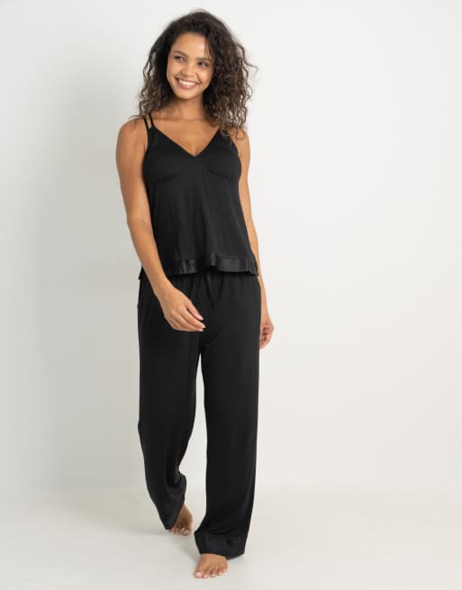 Pour Moi Jersey and satin moulded cup cami trouser pyjama set in black, 4 of 6
