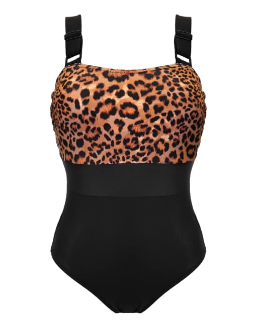 Pour Moi Palm Springs Colour Block Tummy Control Swimsuit in Black & Leopard, 4 of 5