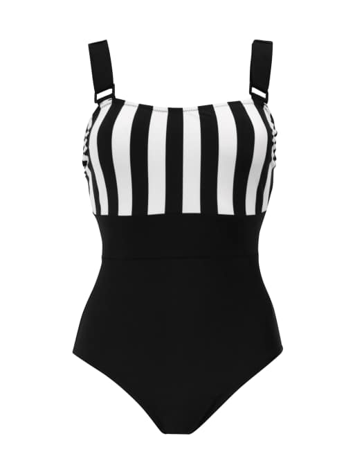 Pour Moi Palm springs colour block tummy control swimsuit in black ...