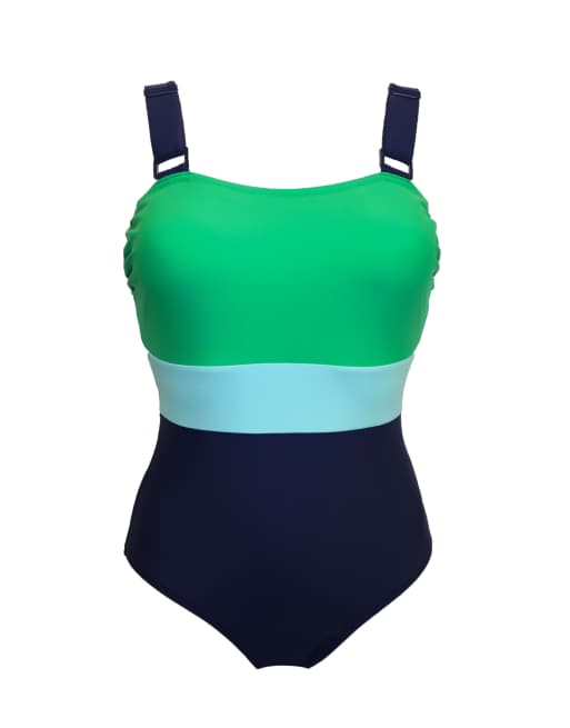 Pour Moi Palm springs colour block tummy control swimsuit in navy/green, 5 of 6