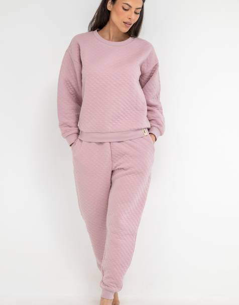 Pour Moi Quilted lounge sweatshirt and jogger co-ord set in mauve - view 1