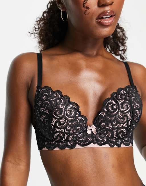 Pour Moi Romance lace moulded plunge push up bra in black and pale pink