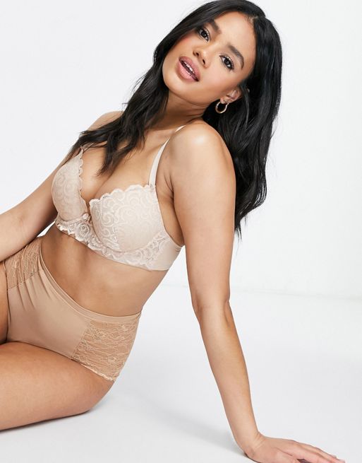 Pour Moi Romance lace padded plunge bra in almond