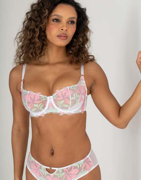 Pour Moi Roxanne Embroidered Non Padded Underwired Lingerie Set in White/Pink/Pistachio - view 1