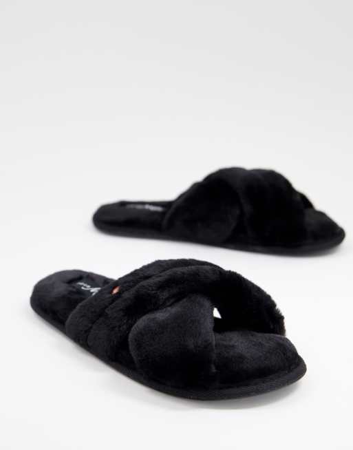 Pour Moi - Slipperpantoffels met kruisbandjes van imitatiebont in zwart