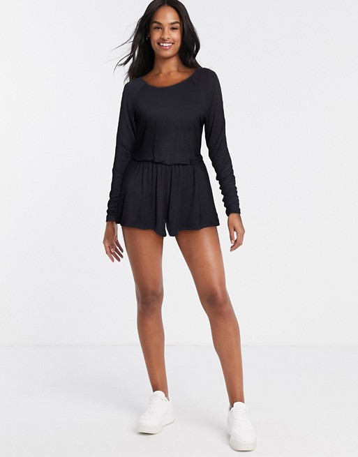 Pour Moi Sofa Love Long Sleeve Lounge Playsuit in Black